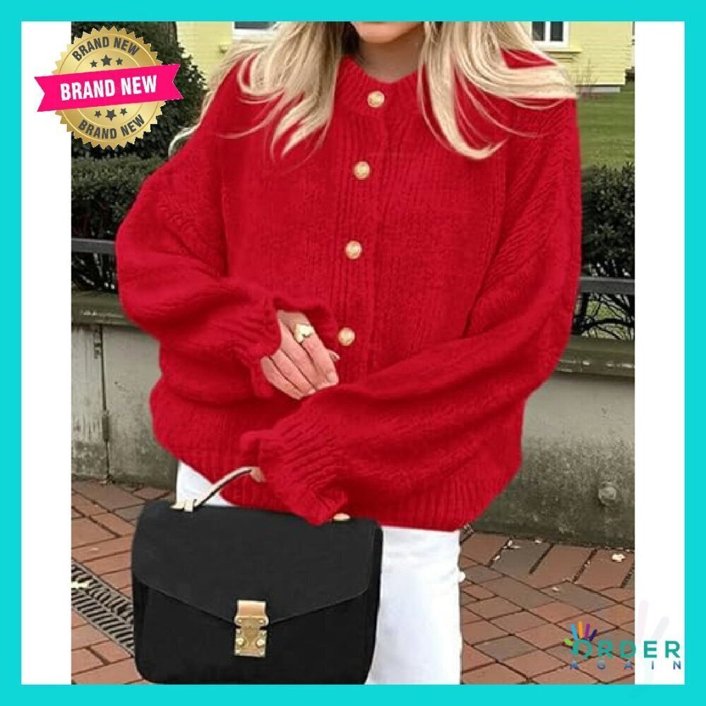 Cropped Cardigan Chunky Knit Ruffle Sleeve Oversized Button Front Fall Sweater - Picture 5 of 8